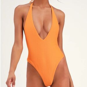 NWT Twiin x Revolve Justice Plunge Bright Orange Rib Knit One Piece Swimsuit